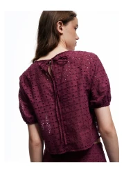 Koton X Melis Ağazat - Cotton Lined Embroidered Scalloped Short Sleeve Crew Neck Blouse