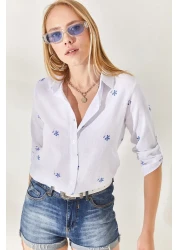 Olalook قميص كتان بأكمام مطوية باللون الأزرق الداكن من Little Ecru GML-19000825