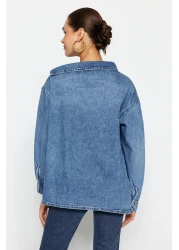  Collection Blue Asymmetrical Neckline Detail Oversize Denim Shirt Twoss24Go00034