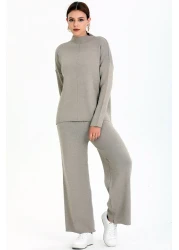 ALCHON Stand Collar Stripe Detailed Short Front Long Back Sweater Elastic Waist Straight Leg Trousers Double Knitwear Set