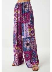 Happiness İstanbul بنطلون نسائي من الفسكوز بالازو منقوش باللون البرقوق إكرو EN00606