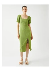 Koton Midi Dress Balloon Sleeve Slit Square Neck