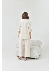 MVStore Women's Sequin Embroidery Stone Embroidered Flam Linen Shirt and Pants Set