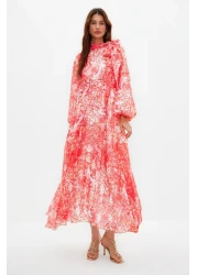  Modest Red Floral Patterned Lined Long Chiffon Evening Dress TCTSS24EB00040