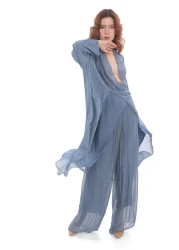 Bohem Stil بلوزة كاب كبيرة الحجم بتفاصيل حريرية إيطالية - طقم بنطلون ويس