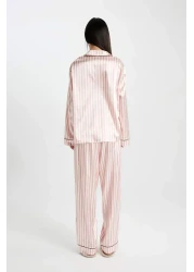 Defacto Long Sleeve Striped Satin Pajama Set to Fall in Love - C9445Ax24Au