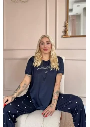 Pijamaevi Navy Blue Grateful Heart Patterned Bamboo Short Sleeve Women's Pajama Set