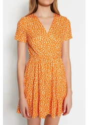  Collection Orange Printed Double Breasted Neck Mini Stretchy Knitted Dress TWOSS21EL0241