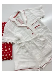 Serbella Red Love White Organic Muslin Shorts Pajama Set Cotton Anti-Sweat