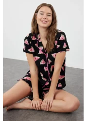  Collection طقم بيجامة نسائي/زوجين أسود 100% قطن منقوش بالبطيخ مع شورت مكشكش THMSS21PT0670