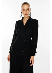 Moda İlgi فستان أسود طويل بتفاصيل مطوي وخرز