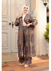 N.S NEVA STYLE Patterned Sax Blue Hijab Double Kimono Set 12885Sx