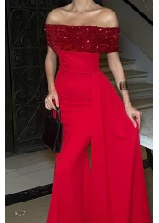 Mossta فستان سهرة طويل مزين بالترتر منخفض الكتف - أحمر