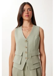 Happiness İstanbul بدلة سروال Palazzo من الكتان الأخضر للنساء من Çağla BV00126