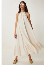 Lovelyİstanbul فستان كتان صيفي بحزام متباين كريمي LFG0007