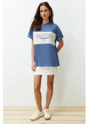  Collection Indigo 100% Cotton Color Blocked City Printed Oversize/Wide Cut Knitted T-Shirt TWOSS24TS00079