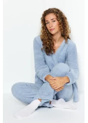  Collection Light Blue Double Breasted Collar Wellsoft Winter Knitted Pajamas Set Thmaw24Pt00033