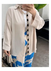 ASEL FASHİON Beige-Blue Embroidered Cotton Viscose Set