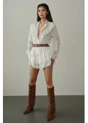  Collection White Ruffle Detailed Transparent Short Cut/Crop Shirt Twoss25Go00165