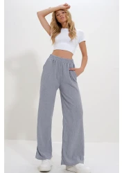 Trend Alaçatı Stili Gray High Waist Elastic Wide Leg Women's Trousers - Alc-X12712