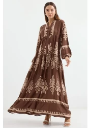 Bigdart موديل 2423 فستان بني منقوش أصلي