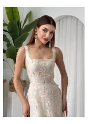 Julidress فستان كتان بتصميم مميز مع تطريز وحزام بنمط زهرة وردية ثلاثية الأبعاد