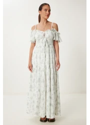 Lovelyİstanbul فستان فيسكوز صيفي طويل مكشكش ومزخرف بحزام ECRU GREEN LUB0112
