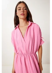 Happiness İstanbul Women Pink Striped Slit Ayrobin Dress Rg00062