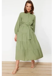  Modest فستان منسوج بحزام كاكي فاتح وأزرار وطية صدر السترة TCTSS21EL3343