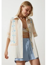 Happiness İstanbul قميص نسائي من الكتان المطرز باللون الكريمي RG00039