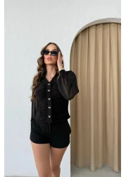 RB CLUB Button Detailed Sleeves Chiffon Blouse Black