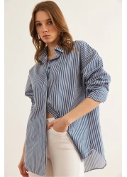 Olalook قميص بوبلين نسائي مخطط باللون الأزرق الداكن بفتحة مخفية GML- 19000867
