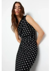  Collection فستان أسود مطبوع بكتف واحد غير متماثل برباط مفصل محبوك TWOSS23EL02182