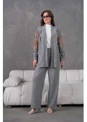 Miss Allos Women's Back and Sleeves Sequin Sequin Embroidered Linen Kimono Coat and Pants Bottom Top Suit