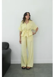 Havoş Yellow Front Zippered Belted Blouse Trousers Set