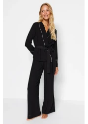  Collection Double Breasted Cut Viscose Black Pajamas Set - Belted and Piping Detail Thmaw22pt1109