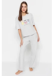  Collection Light Gray Printed T-Shirt and Trousers Knitted Pajamas Set 100% Cotton - Thmss23Pt00134