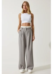 Happiness İstanbul Women's Gray Contrast Waist Detailed Striped Woven Trousers CI00104