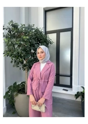 VOLT CLOTHİNG طقم بنطلون وسترة كتان برباط على الخصر للنساء