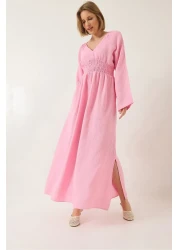 Bianco Lucci Women's V-Neck Waist Gimped Wide Sleeves Slit Detailed Long Cotton Muslin Dress 3016 60283196