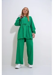 Trend Alaçatı Stili طقم تونيك بالازو للسيدات باللون الأخضر الزمردي وبنطلون برقبة دائرية مع حزام - ALC-X12299
