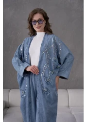 Miss Allos طقم كيمونو نسائي من قماش الدنيم المطرز بالترتر والترتر واللؤلؤ واللؤلؤ وسروال من قماش الدنيم