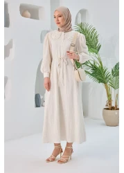 LOCCO Women's Baby Collar Lace Detailed Hijab Dress Ecru