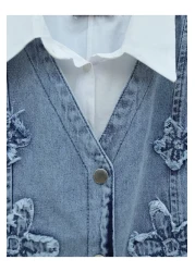 Modamorfo Patterned Skirt Elastic Waist Vest Skirt Denim Set - Ice Blue