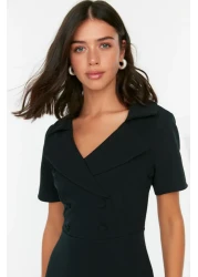  Collection Black Button Detailed Skater/Belt Opening Midi Woven Dress TWOSS22EL1185