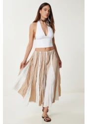 Happiness İstanbul تنورة باراشوت صيفية بتأثير متجعد باللون البيج للسيدات US00970