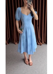 HAZELANNA Blue Dress with V Chest Detail