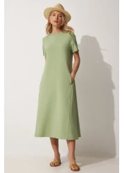 Happiness İstanbul فستان نسائي صيفي من القطن الممشط باللون الأخضر على شكل حرف A UB00060