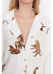  Collection Ecru Tiger Pattern Viscose Shirt-Shorts Woven Pajamas Set THMAW21PT0340