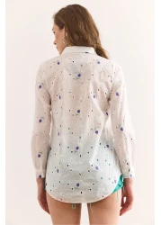 Olalook Women's White Purple Color Floral Cotton Scallop Shirt Gml-19001326